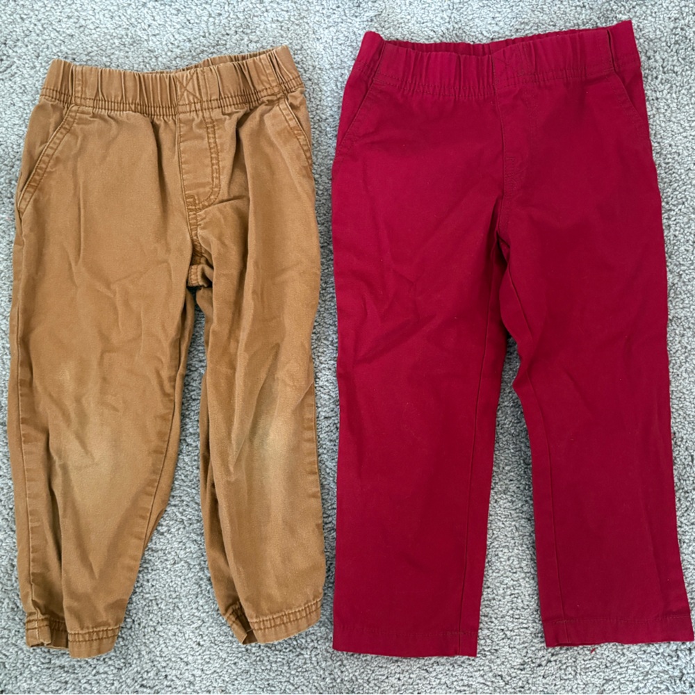 Carters Toddler Boys Khaki & Red Chino Pants Elastic Waist Size 3T